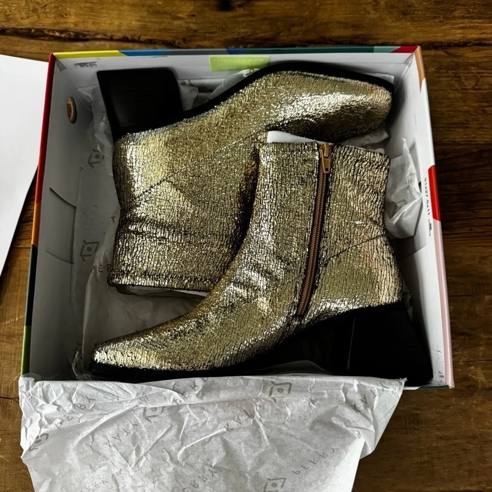 NEW  Katy Perry The Lole Lolette Stretch Ankle Boot Gold Metallic~8.5 Block Heel